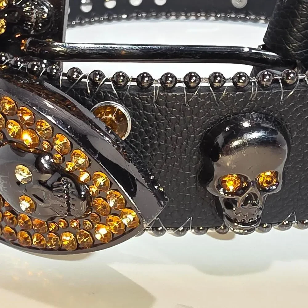 Halloween style leather belt with gold rhinestones and silver studs Women's